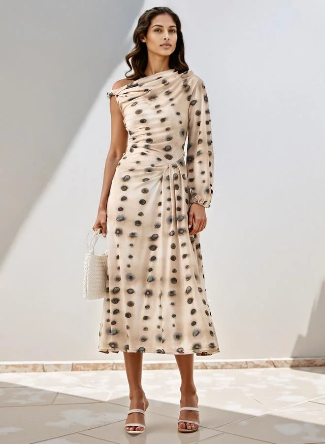 Iconic Iconic All-Over Print One Shoulder Dress with Drape Detail